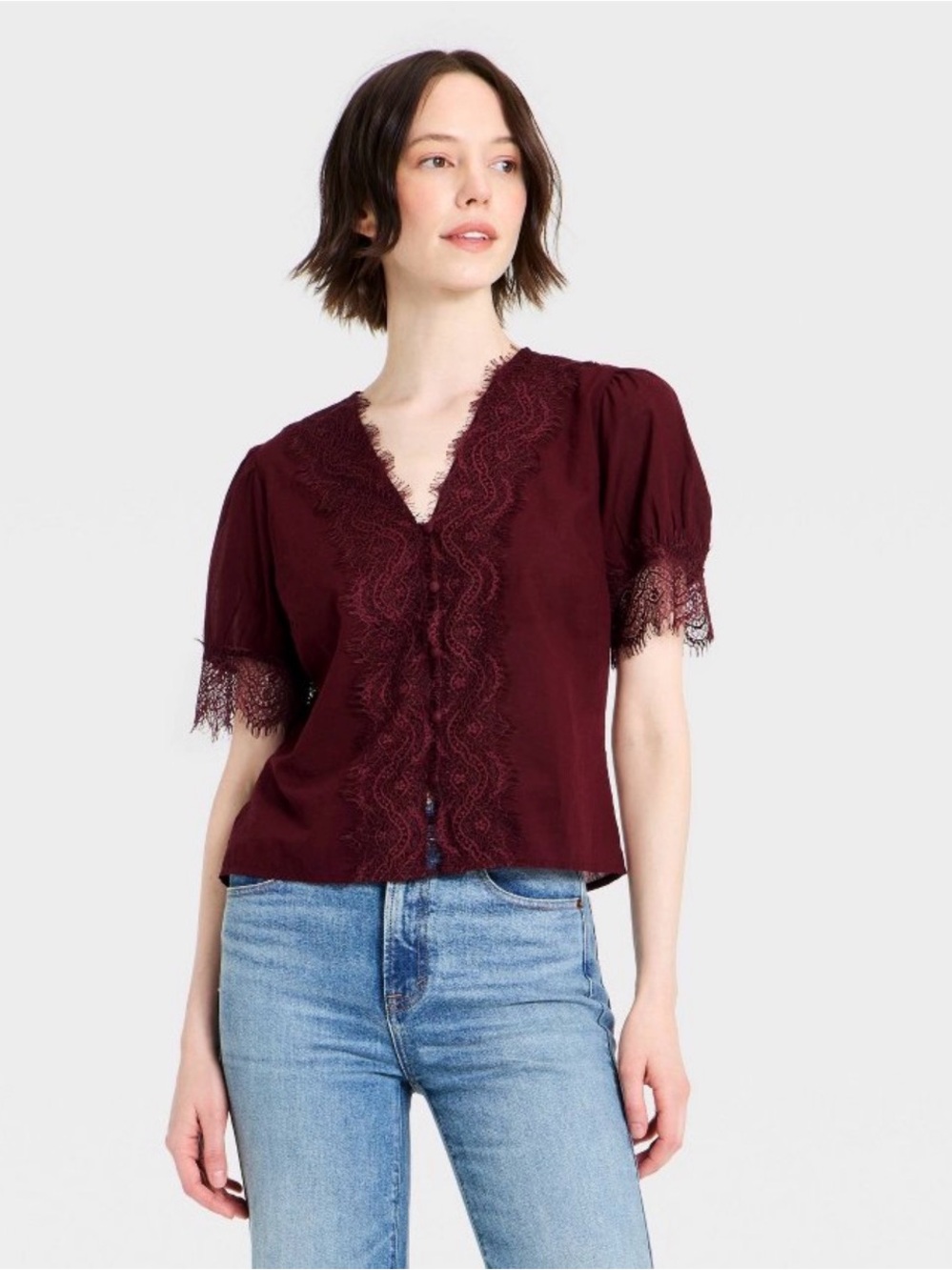 Universal Thread Women's Burgundy Lace-Trim V-Neck Blouse